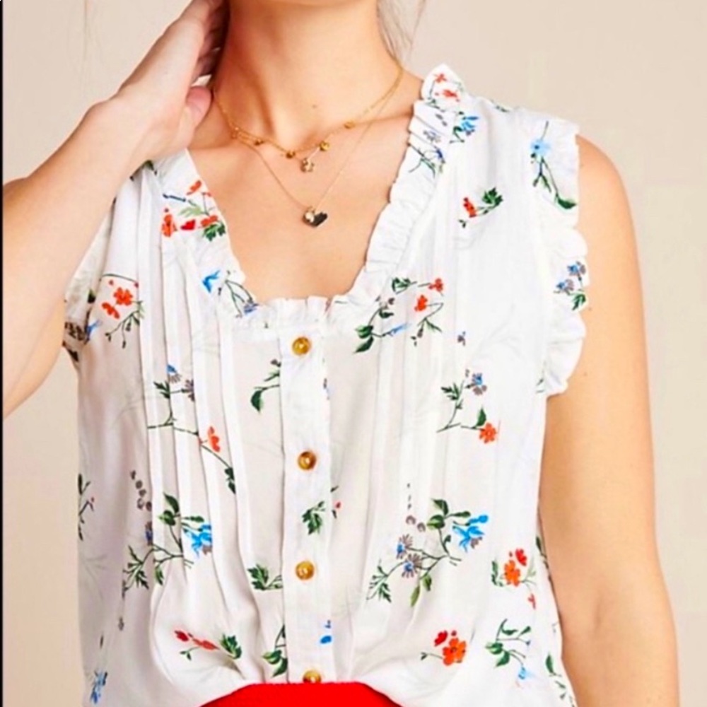 Maeve Anthropologie White Floral Button Blouse